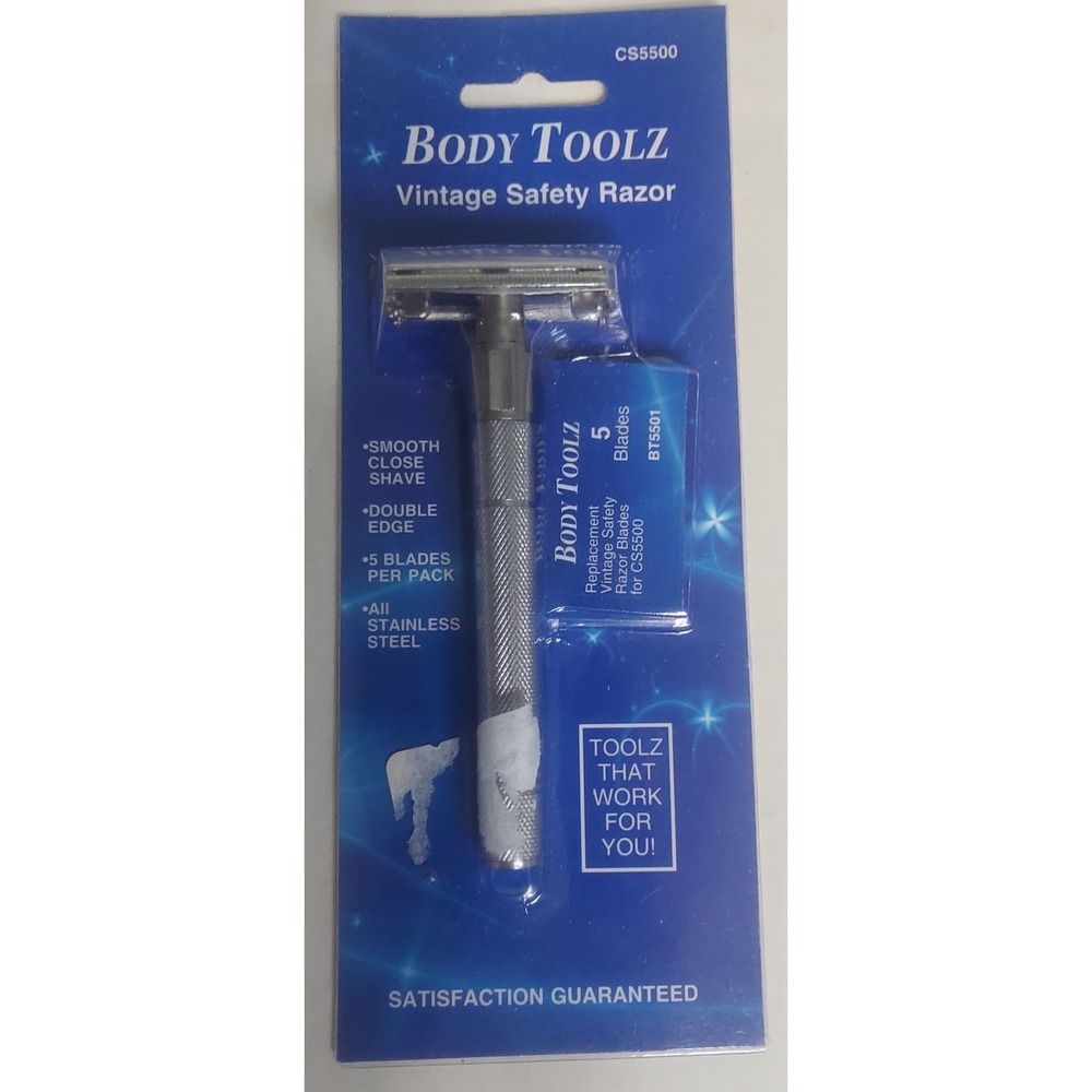 Body Toolz Vintage Safety Razor with 5 Blades Double Edge‎ Stainless Steel NEW